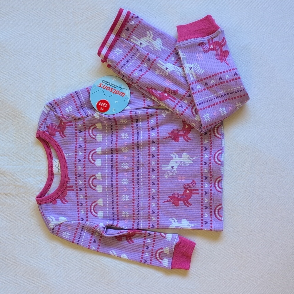 NEW watson's lilac fair isle unicorn thermal ribbed matching set 12 months baby